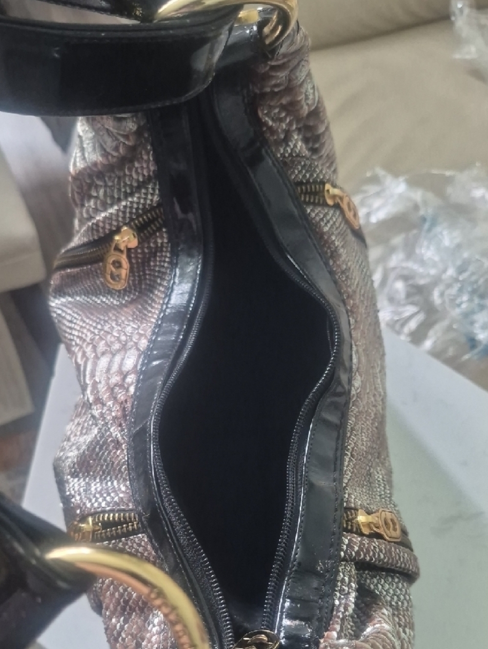 Marino Orlandi Black and Taupe Snake-Embossed Hobo - Picture 9 of 11